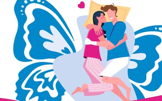 Grafik eines Pärchens auf einem Schmetterling liegend und sich umarmend